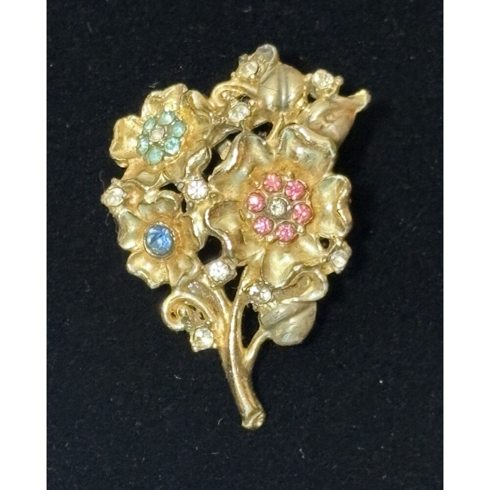 Vintage 3-Dimensional Gold Tone Floral &Rhinestone Brooch Unmarked